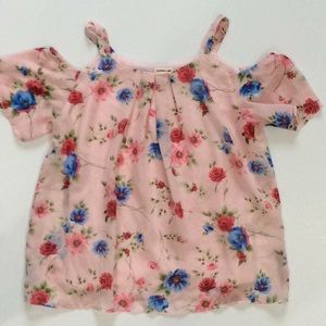 Pink floral cold shoulder lined top sz 14